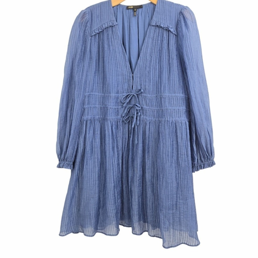 Maje‎ Dress Women's US 12 Blue Pleated Mini Long Sleeve V Neck Lined